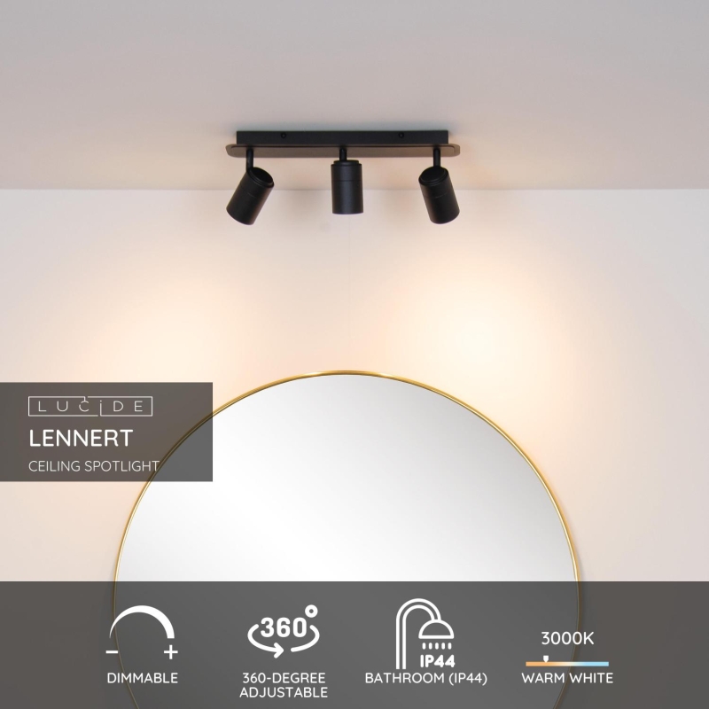 Lucide LENNERT - Stropné bodové svietidlo Kúpeľňa - LED Rozm. - GU10 - 3x5W 3000K - IP44 - Čierna